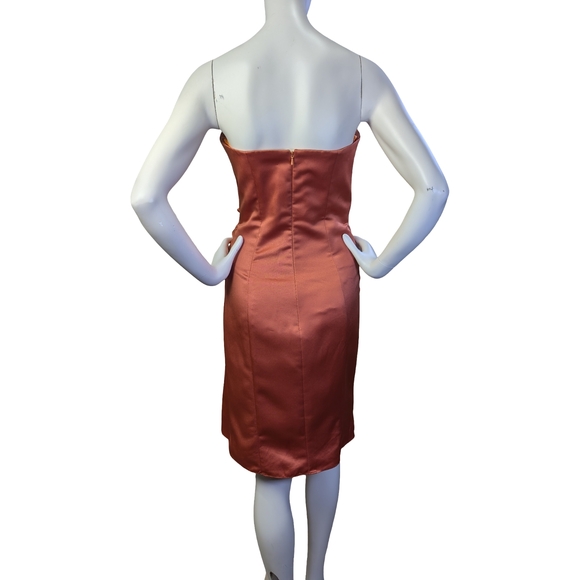Burnt Orange Satin Strapless Cocktail Dress w/ Draped Rosette Detail, Size 6 - Picture 5 of 8